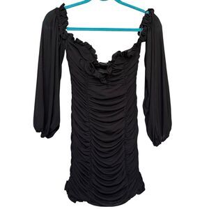 Mable Black Ruched Mini Bodycon Whimsigoth Dress Long Sheer Sleeves Small